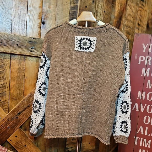 281 Neutral Brown Crewneck Sweater with Cream & Black Crochet Sleeves - Picture 8 of 8